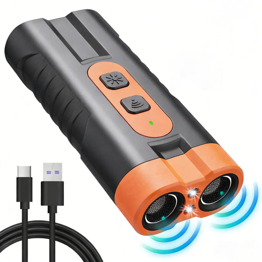 Upgraded Dual-Head Ultrasonic Dog Repeller and Bark Control Flashlight - 2-in-1 Rechargeable Portable Device for Pet Owners and Dog Walkers