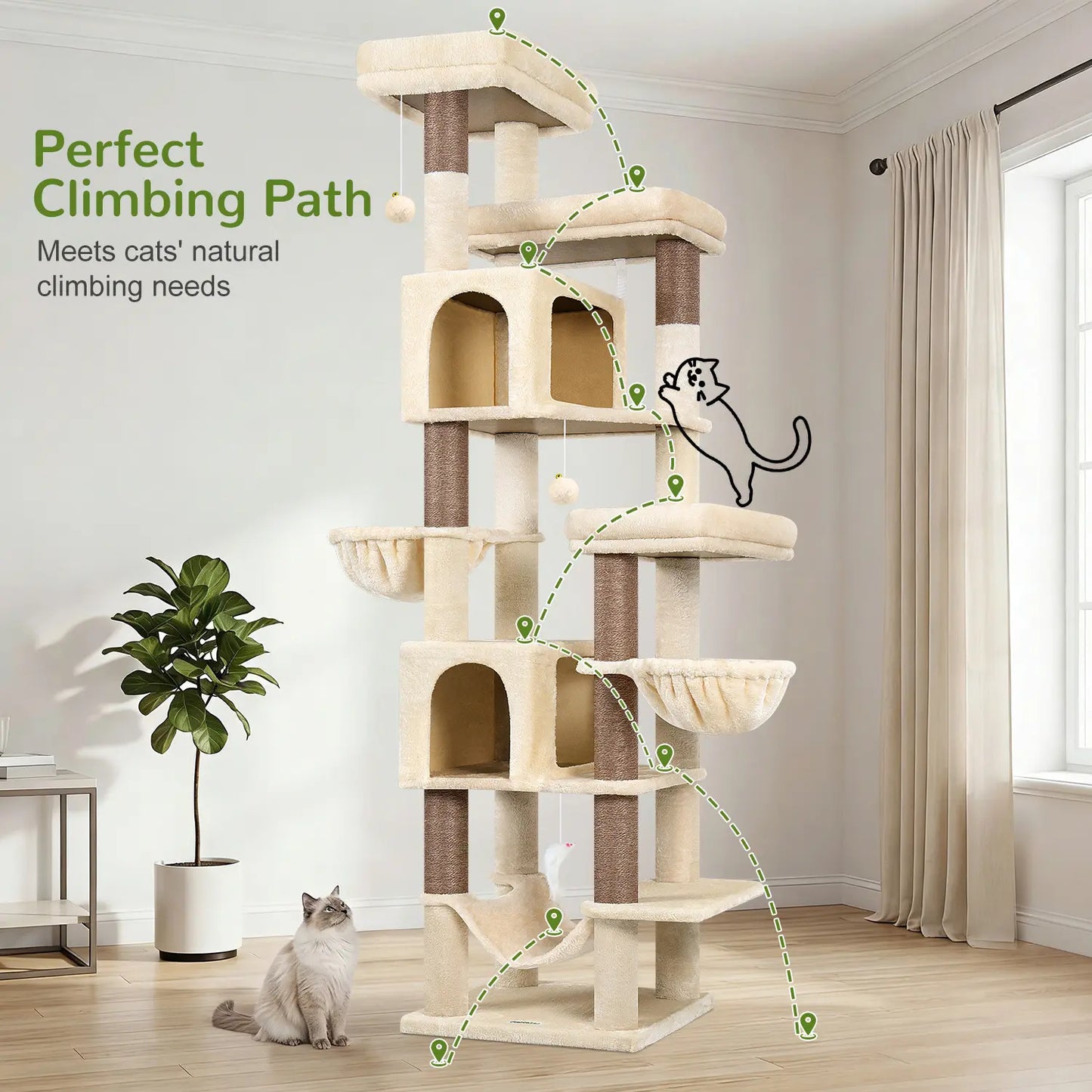 Globlazer Premium Heavy-Duty 82" Cat Mansion - Space-Saving Corner Cat Furniture Featuring 2 Condos and 7 Sisal Scratching Posts