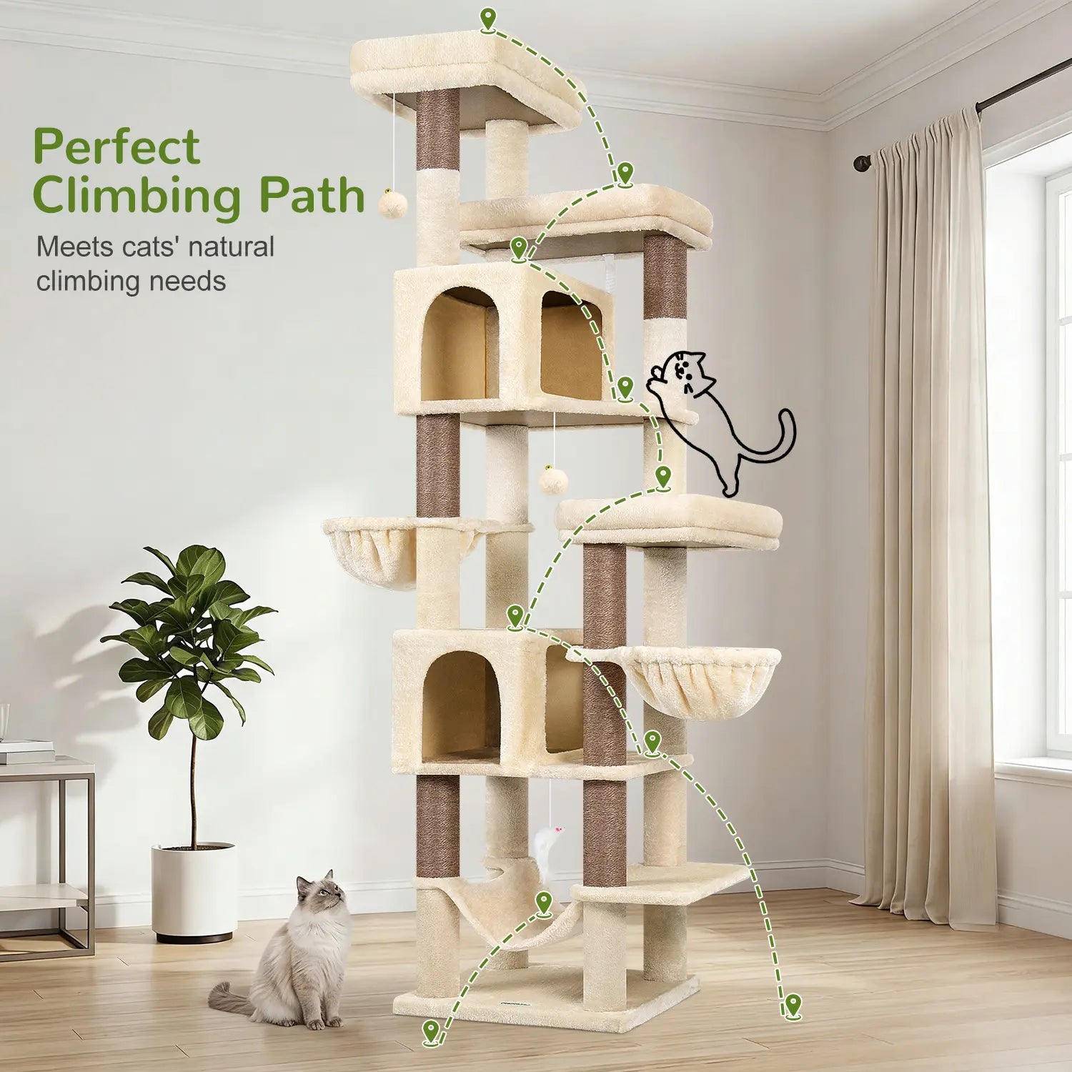 Globlazer Premium Heavy-Duty 82" Cat Mansion - Space-Saving Corner Cat Furniture Featuring 2 Condos and 7 Sisal Scratching Posts