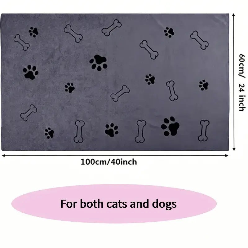 Ultrafine Fiber Super Absorbent Pet Grooming Towel for Dogs, 60x100 cm, Quick-Dry and Soft with Claw Print Design