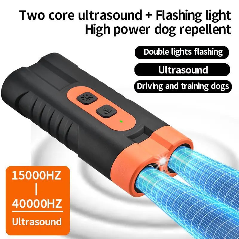 Upgraded Dual-Head Ultrasonic Dog Repeller and Bark Control Flashlight - 2-in-1 Rechargeable Portable Device for Pet Owners and Dog Walkers