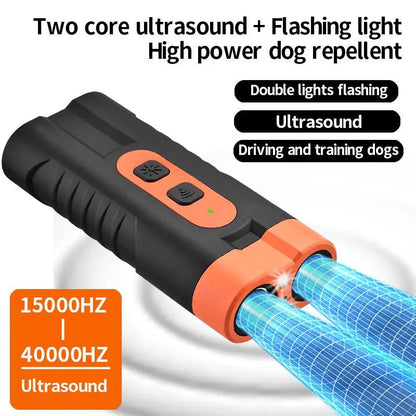 Upgraded Dual-Head Ultrasonic Dog Repeller and Bark Control Flashlight - 2-in-1 Rechargeable Portable Device for Pet Owners and Dog Walkers