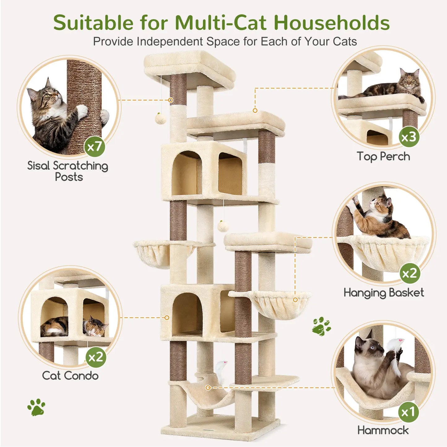 Globlazer Premium Heavy-Duty 82" Cat Mansion - Space-Saving Corner Cat Furniture Featuring 2 Condos and 7 Sisal Scratching Posts