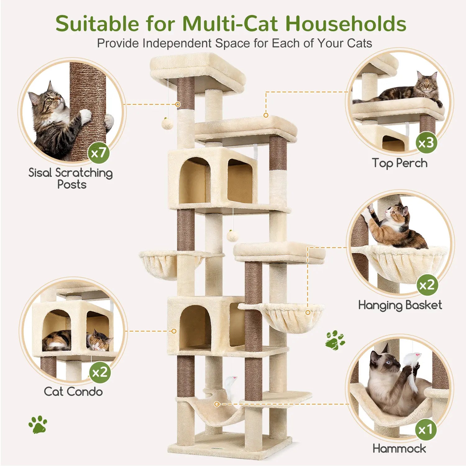 Globlazer Premium Heavy-Duty 82" Cat Mansion - Space-Saving Corner Cat Furniture Featuring 2 Condos and 7 Sisal Scratching Posts