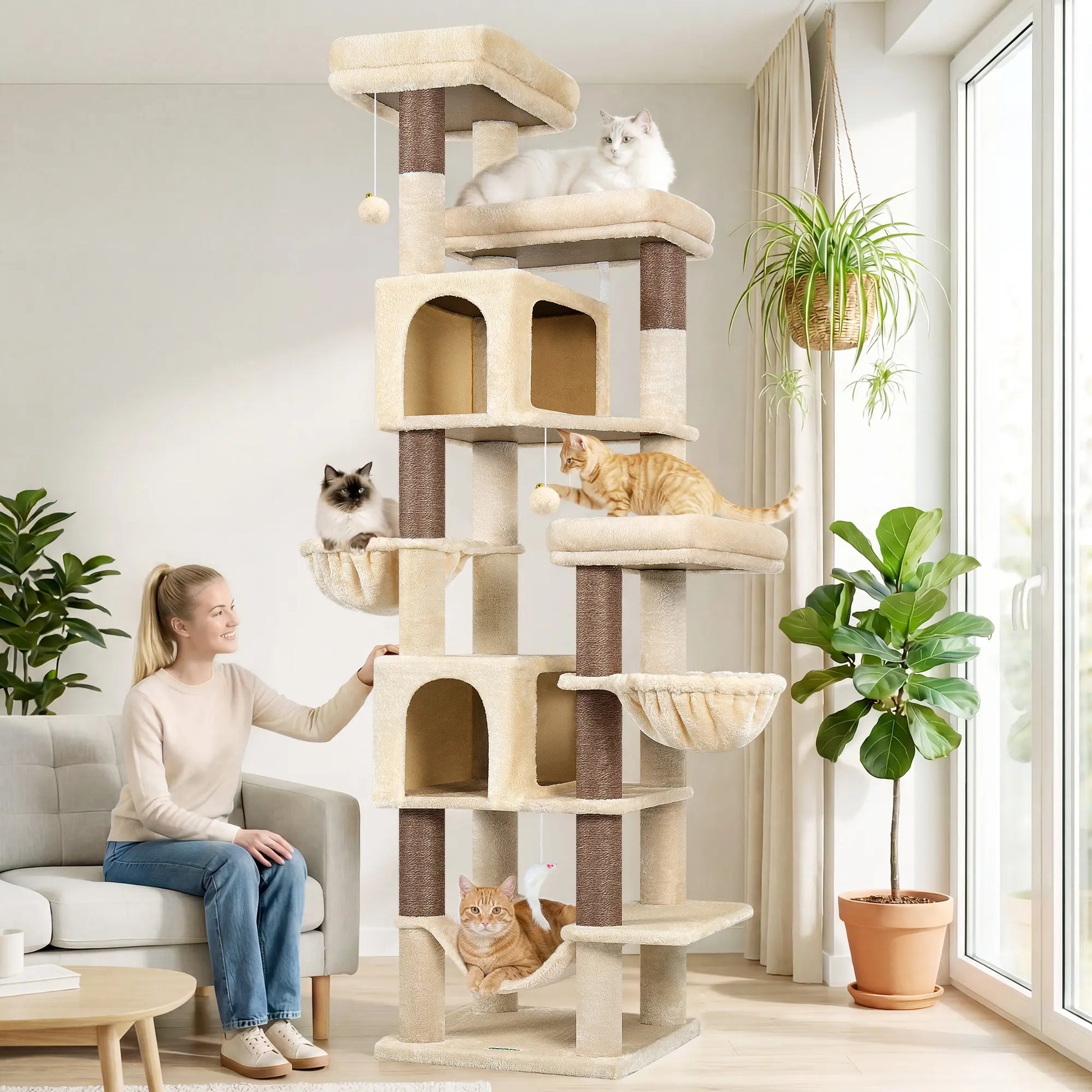 Globlazer Premium Heavy-Duty 82" Cat Mansion - Space-Saving Corner Cat Furniture Featuring 2 Condos and 7 Sisal Scratching Posts