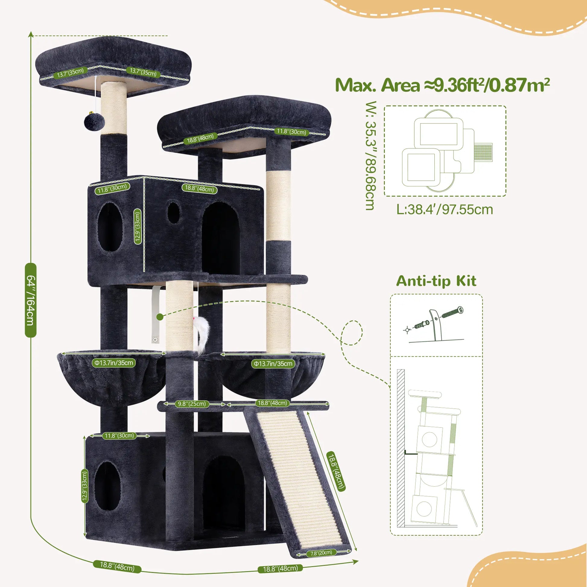 Globlazer F64B 64-Inch Heavy-Duty Multi-Level Cat Tower for Multiple Cats