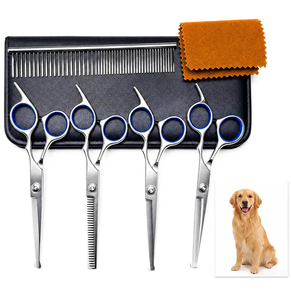 Professional 6-in-1 Pet Grooming Scissors Set | Safety Round Tips | Durable Stainless Steel | Dog and Cat Hair Cutting Kit